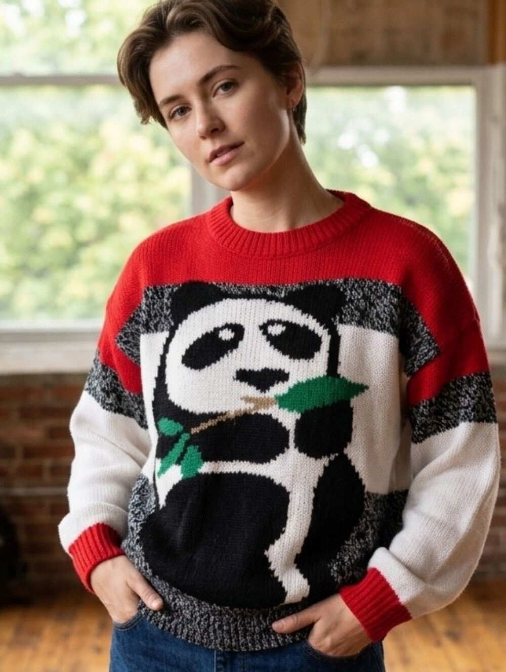 Vintage 90s Chunky Design Zone Panda Knit Sweater Red White Black 2X